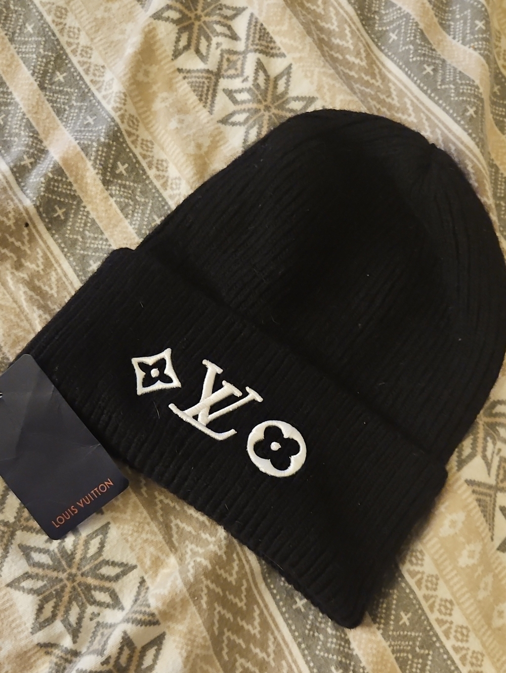Louis Vuitton Black Beanie with White LV Embroidery